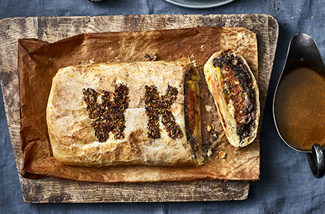 All the components of a vegan cheeseburger are turned into an epic plant-based wellington