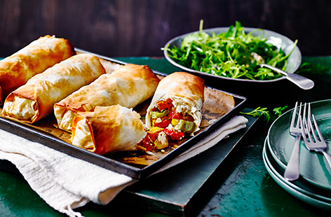 Try this vegetable strudel recipe for a simple savoury baking idea. Herby roasted sweet potatoes and peppers are combined with crumbled cheese and baked in crisp, golden filo pastry for new vegetarian dinner.