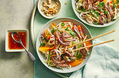 Fast and fresh sums up this flavour-packed noodle dish with griddled steak that's ready in just 15 minutes. A sweet, spicy and zesty dressing adds a final flourish.