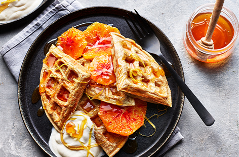 Try our wonderful waffle recipe, served with blood oranges and honey, for a healthy weekend brunch.