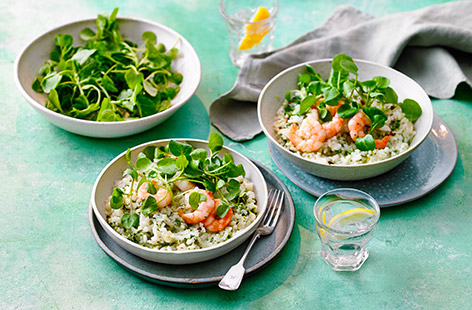 A light lunch perfect for al fresco dining, this watercress and prawn risotto is ready in just 20 minutes