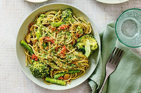 Broccoli is the star ingredient in this twist on pesto pasta that's reminiscent of a pasta bake with its crunchy crumb topping, but without the oven time. Vegan, healthy, dairy-free and freezable, it ticks so many boxes, making it a versatile and vibrant midweek meal. 