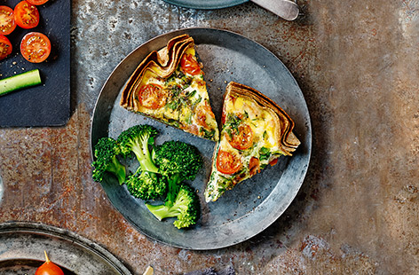 This speedy quiche, made with spinach, ham and cheese in a tortilla wrap 'crust', is fun for kids to eat and easy for you to make. 