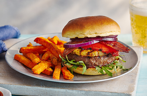 Fans of Hawaiian pizza will love this burger. Sweet pineapple and peppers complement tangy BBQ sauce and juicy beef burgers