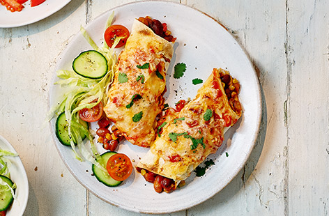 These speedy vegetarian enchiladas – made with beans, sweetcorn, peppers and tomatoes – are a family-friendly recipe ready in 25 minutes. 
