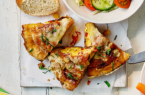 This is a really easy and super quick frittata recipe – made with tinned sweetcorn and chorizo slices – for children.