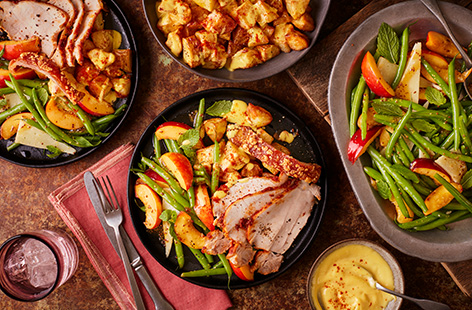 Take a trip to the Mediterranean with this Spanish-inspired roast pork recipe. We've used a Tesco Finest Salt-Aged Pork Crackling Loin Joint that's rubbed in paprika and garlic. Serve with a nectarine and manchego salad, patatas bravas-style potatoes and saffron aioli for a dreamy Sunday roast or weekend feast.