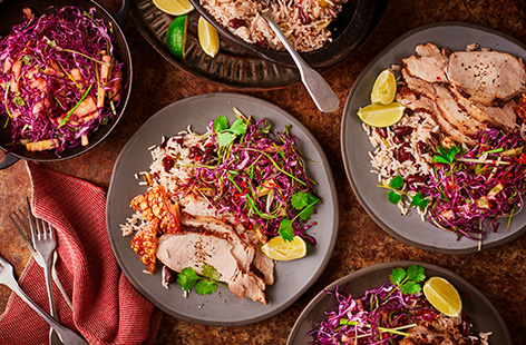 Why not try this fun Caribbean-inspired twist on roast pork for your next Sunday roast? Using a Tesco Finest Salt-Aged Pork Crackling Loin Joint, coconut infused rice and peas and a fresh pineapple slaw, it's the perfect feel-good feast for the weekend.