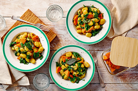 Use leftover roasted butternut squash to make this lovely autumnal midweek gnocchi recipe. Instead of boiling your potato dumplings, this recipe fries them instead, creating a crispy coating ready to be tossed with roasted squash, fresh sage leaves and spinach.