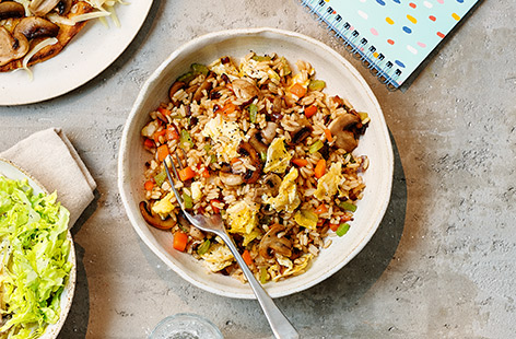 A speedy kids' lunch recipe made with easy peasy microwave rice, carrot, celery, mushrooms and a splash of soy sauce.