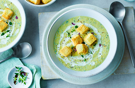 Customise this soup with whatever veg you have in the fridge; spring onions can be swapped for half a brown onion and kale swapped for any dark leafy green. 