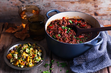 Served with a smoky sweetcorn salsa and fresh coriander, this beef chilli is a hearty dish the whole family will love