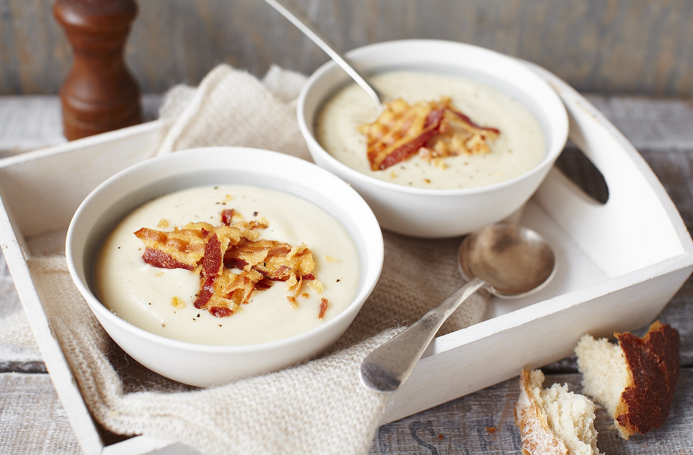 Cauliflower cheese soup with crispy pancetta croutons  recipe