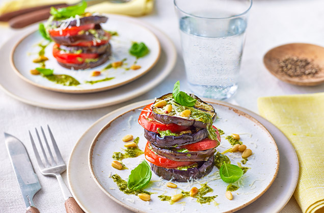 Aubergine, tomato and pesto stack