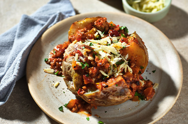 Baked potatoes with speedy chicken chilli