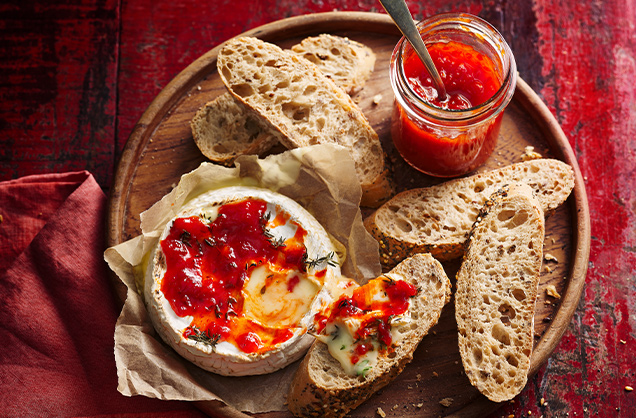 Baked camembert with thyme and chilli relish recipe