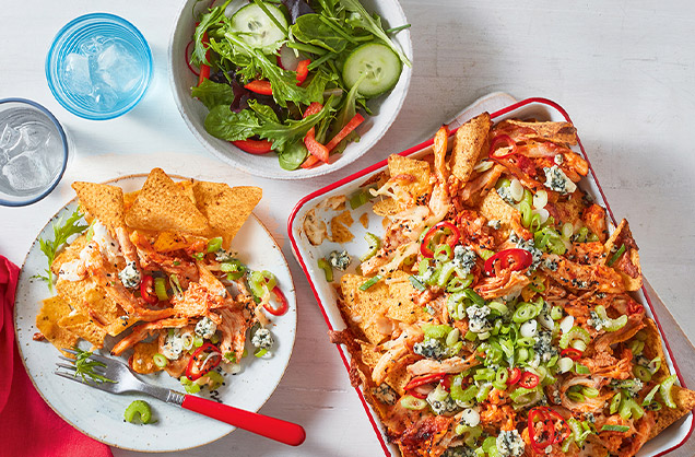 Buffalo-inspired chicken nachos