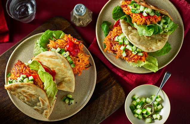 Chilli carrot fritter burgers with cucumber relish