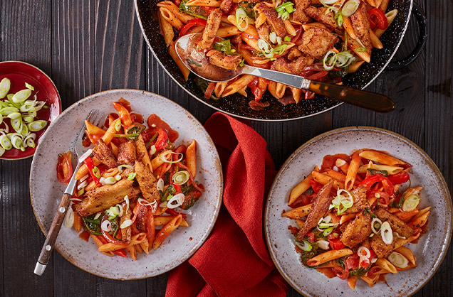 Cajun-spiced vegan ‘chicken’ pasta