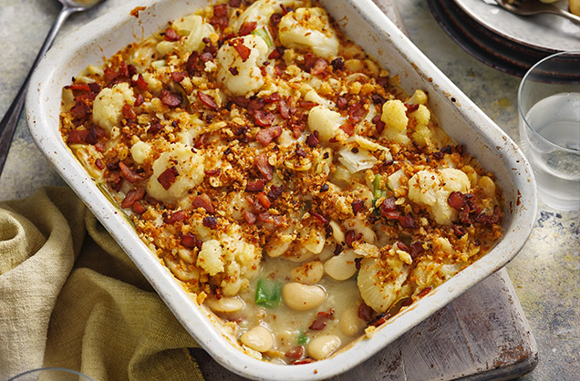 Thursday: Cauliflower cheese and bean bake with crispy bacon crumbs