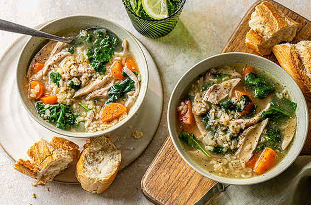 Chicken, greens and grains soup