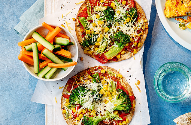 Crispy pepper and sweetcorn pizzas