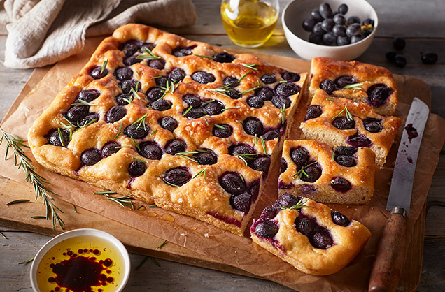 Grape focaccia with olive oil and rosemary