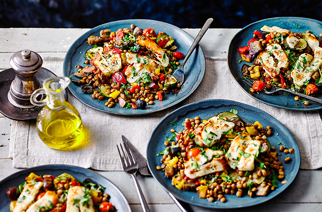 Halloumi and vegetable lentil traybake