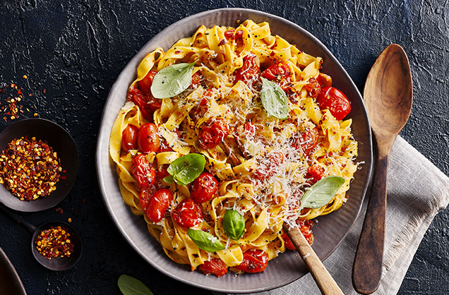 Kashmiri chilli, garlic and roasted tomato tagliatelle