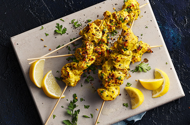 Spiced yogurt Kashmiri chilli chicken kebabs