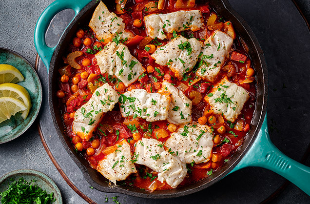 One-pan cod, chorizo and chickpea bake