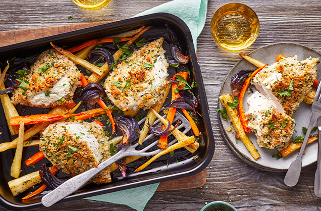 Cheat’s chicken Kiev traybake