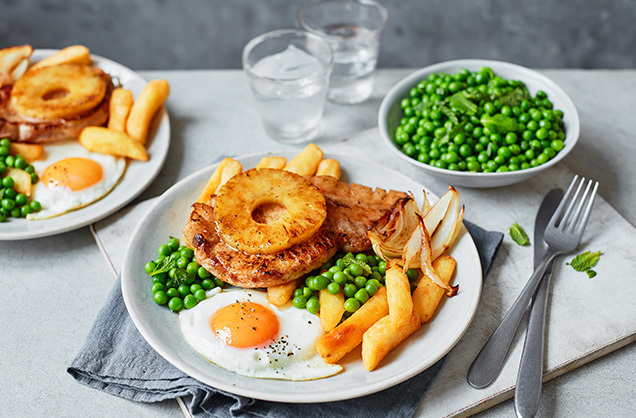 Pork, egg and chips