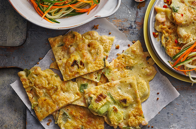 Wednesday: Prawn and leek pancakes with soy dipping sauce