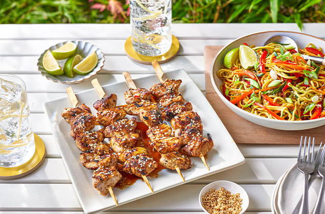 Sticky chicken skewers with cold noodle salad