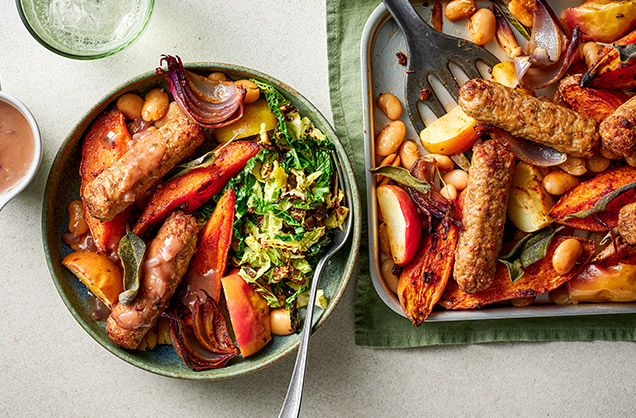 Veggie sausage, apple and sweet potato traybake