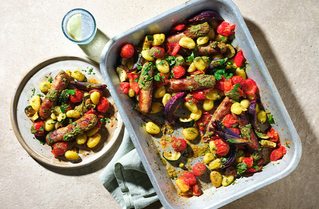 Sausage, veg and gnocchi traybake