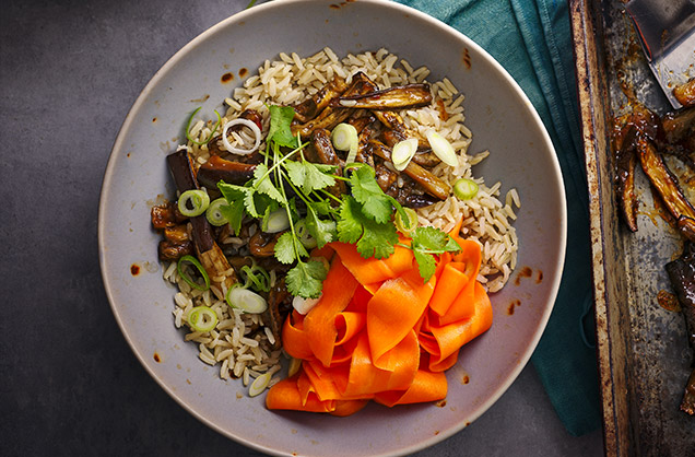 Sticky aubergine rice bowls