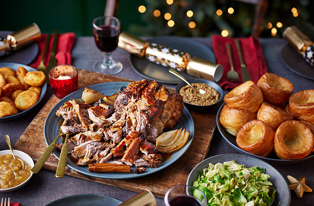 Spiced mulled pulled pork with Yorkshire puddings and shredded sprouts 