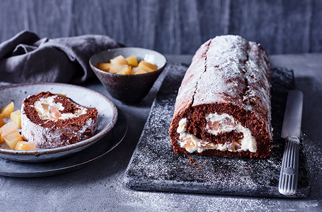 Pear and whisky chocolate roulade