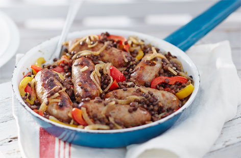 The classic combination of pork and apple works wonderfully in sausages and is even more delicious when paired with lentils, vegetables and an optional splash of wine