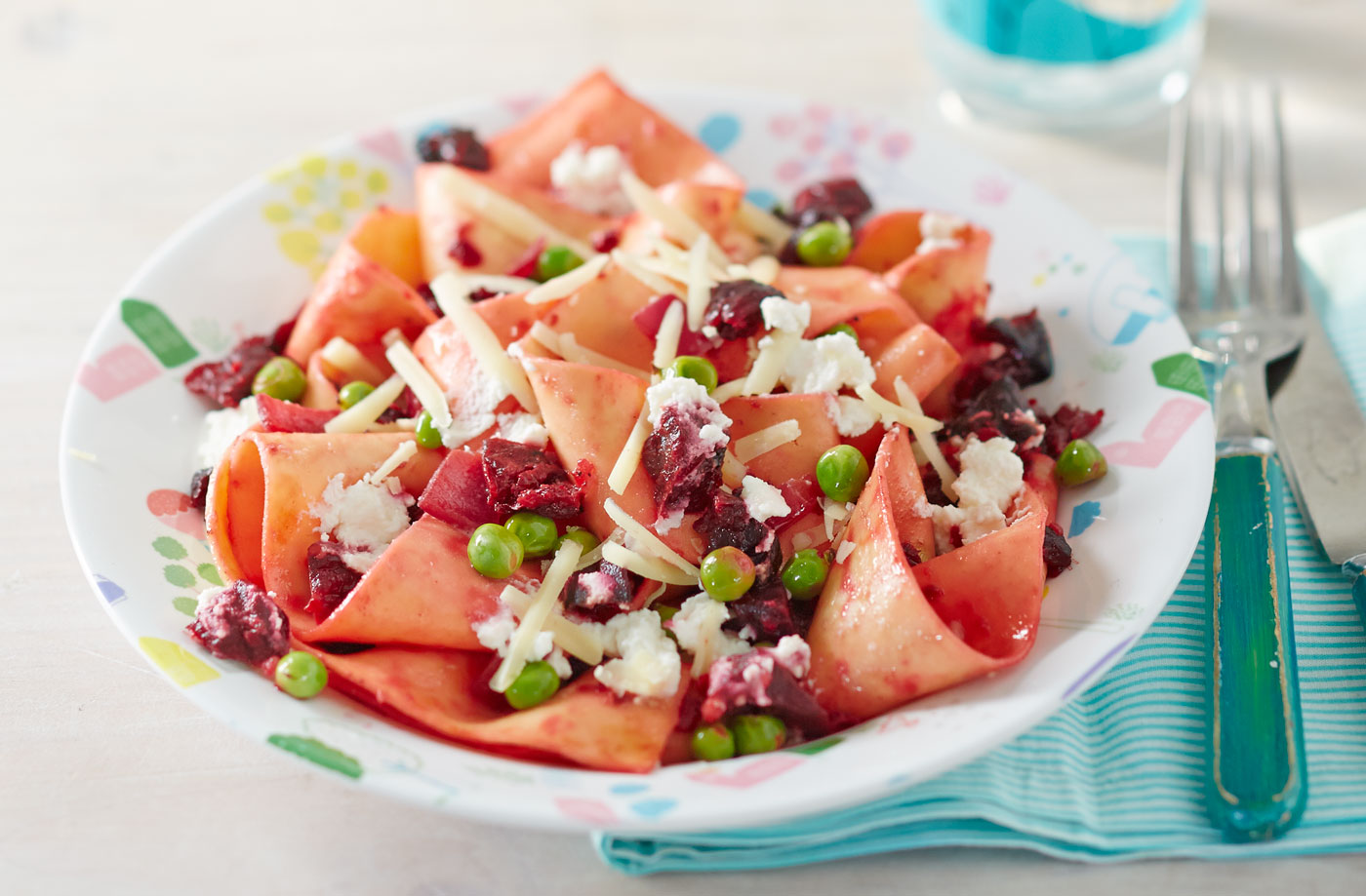 Roast beetroot pappardelle with peas and ricotta recipe