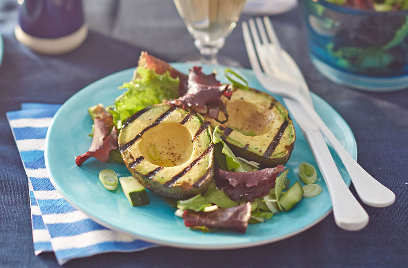 Griddled avocado with green salad and lemon dressing recipe