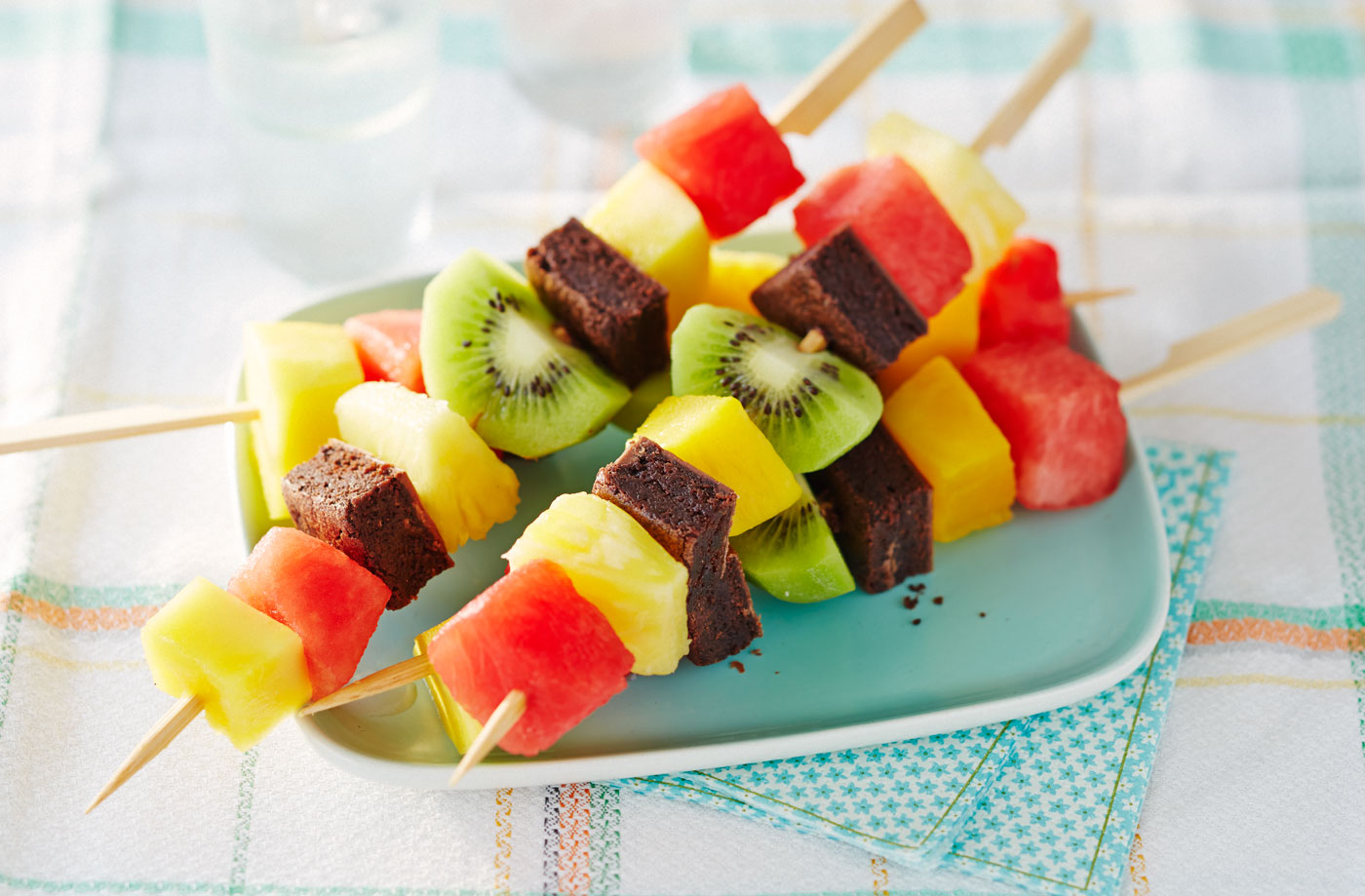 Fruit and brownie skewers recipe