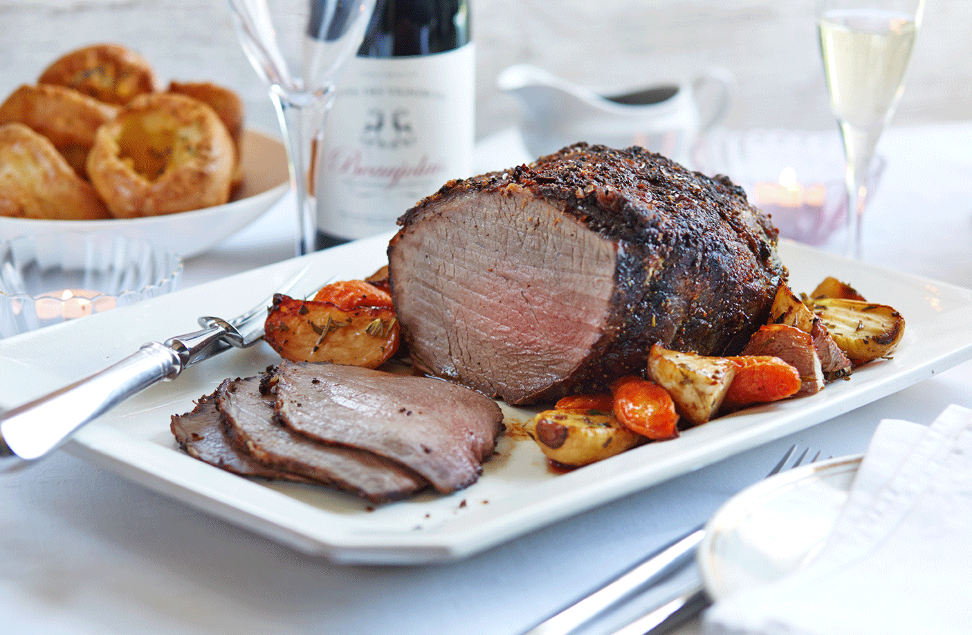 Mustard roast beef with herby Yorkshires  recipe