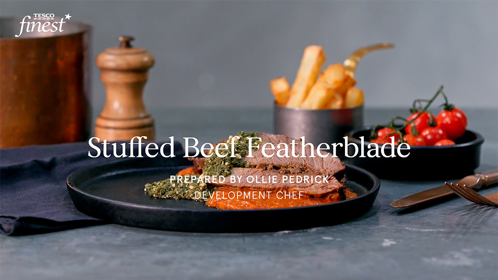 Stuffed beef featherblade with a porcini and Parmigiano Reggiano stuffing, peperonata and pine nut pesto