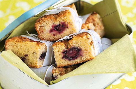 This traybake is one of those desserts you can put together in moments. Beat all the ingredients together minus the fruit in a bowl. Stir in sliced apples and blackberries then bake, cool and cut into squares.