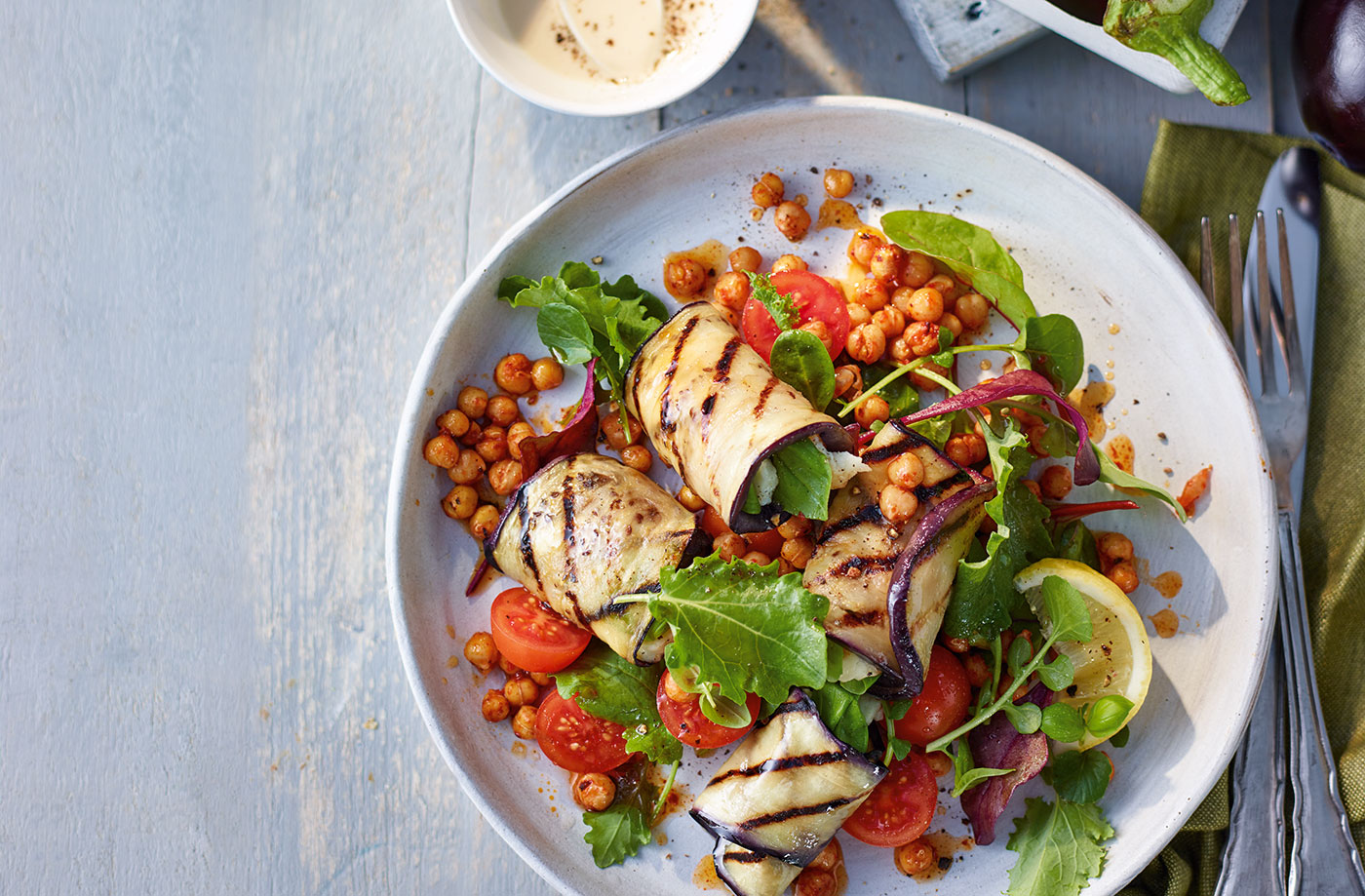 Aubergine and halloumi rolls with chickpea salad recipe