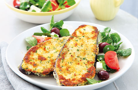 Aubergine schnitzels with Greek salad recipe