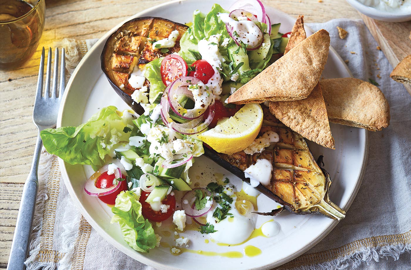 Aubergine 'steaks' with Greek salad & pitta chips recipe